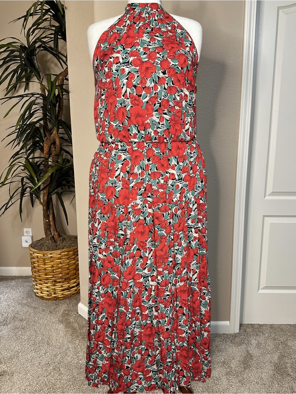 Red Floral Halter Maxi Dress